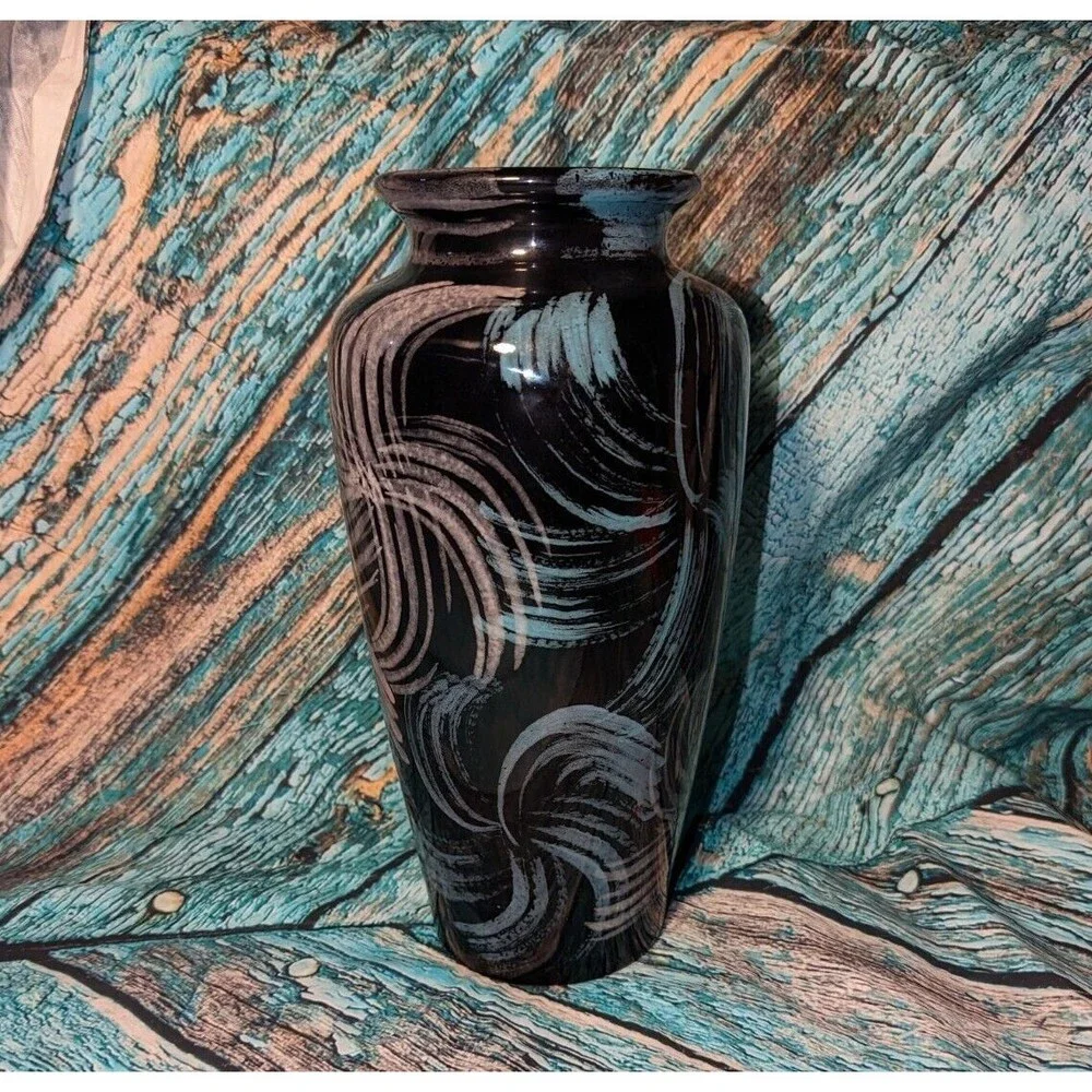Mid Century Modern‎ Vase Black Vases Purple Pink Blue Abstract Design 12.5